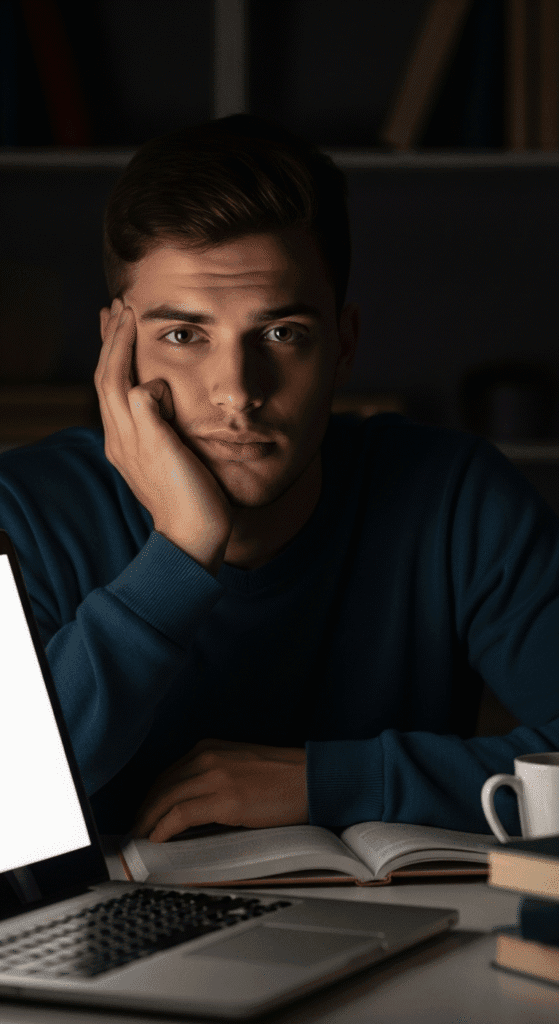 Foto de um estudante com expressão de bloqueio criativo em frente a um notebook, pensando em como começar a introdução de um TCC.