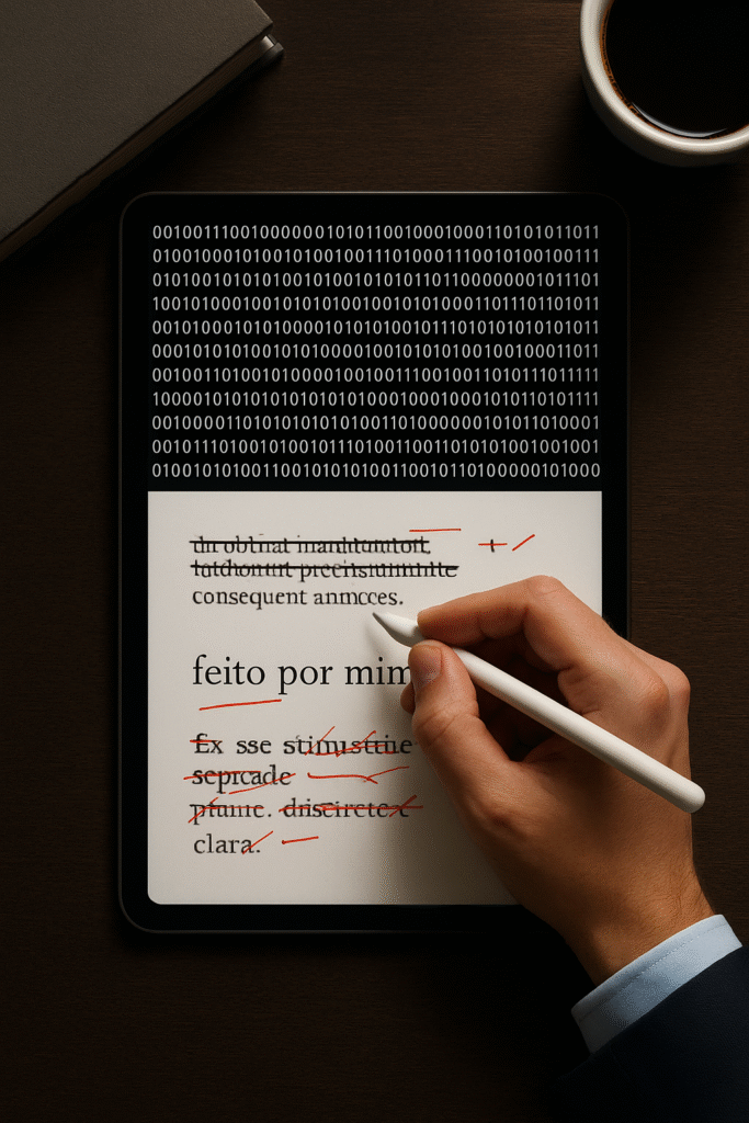 Mão de um especialista revisando e humanizando um texto acadêmico em um tablet, mostrando a transformação de um conteúdo robótico para um texto claro e profissional.